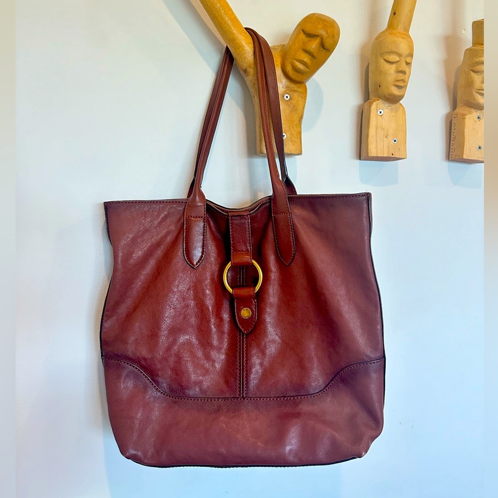 Frye Leather Ring Tote Bag Cognac Textured Leather Shoulder Bag.